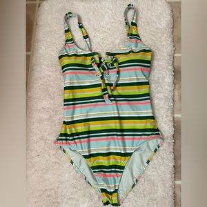 Multi color lace up front one piece swimsuit